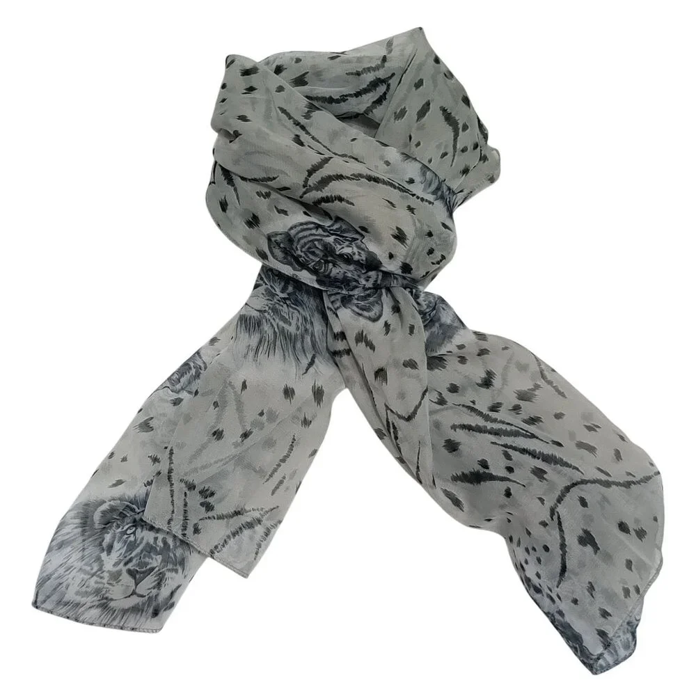 Sheer Gray Animal Print Scarf Lightweight Lion Leopard Graphic Versatile Layer